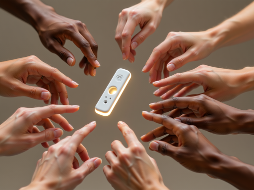 Compact electric hand warmer device in white color, held by hands with warm light glow effect